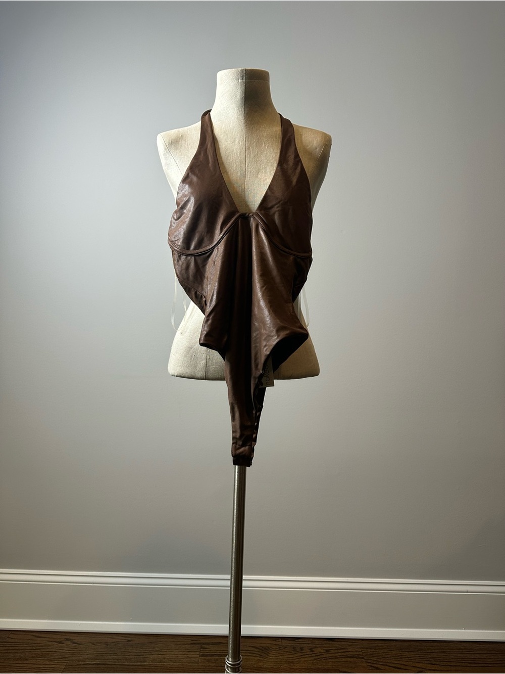 naked wardrobe Chocolate Brown Faux-Leather Halter Bodysuit
